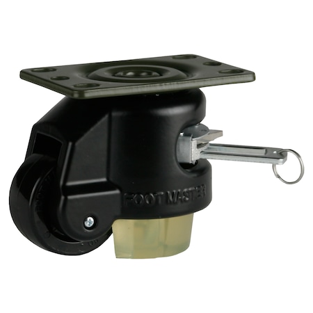 Foot Master Leveling Caster, Ratchet, 50 mm Nylon Wheel, 2-1/2 x 3-1/4 Plate, Swivel, 250 kg Cap, PU Pad, Black GDR-60-F-NYN-CUR-FBL-PUS